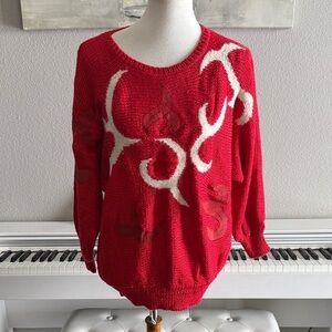 Vintage 80s Ginenne Red & White Sweater with Abstract Design sz 10/12